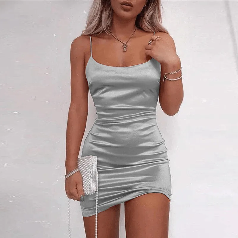 Womens Satin Mini Dress Solid Summer Party Cocktail Dresses