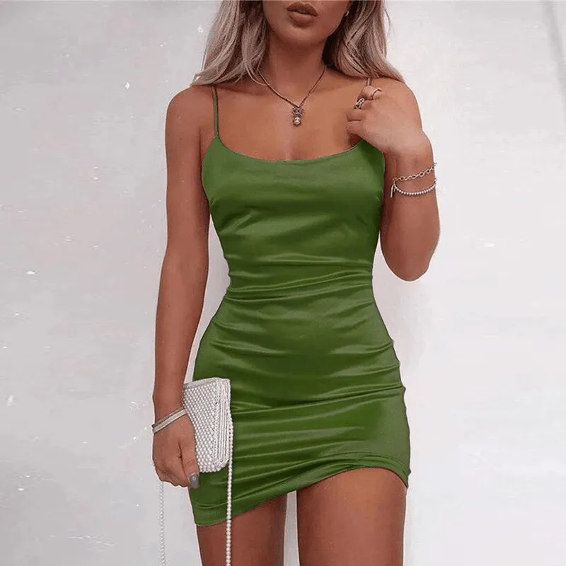 Womens Satin Mini Dress Solid Summer Party Cocktail Dresses